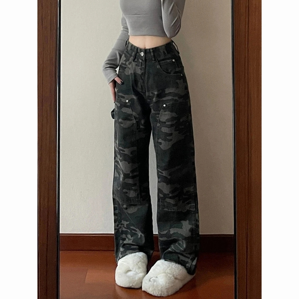 復古迷彩工裝牛仔褲女美式高街hiphop嘻哈高腰寬鬆闊腿休閒運動褲