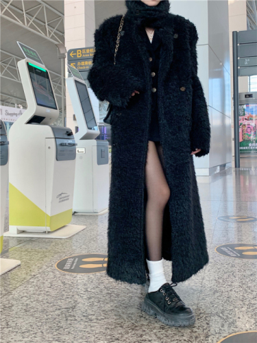 Actual shot ~ Women's stand-up collar woolen coat thickened high-end style loose black mid-length woolen coat in winter