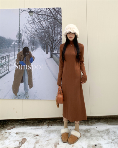实拍 秋冬新款~2023年韩系中高领针织连衣裙坑条内搭长袖裙子