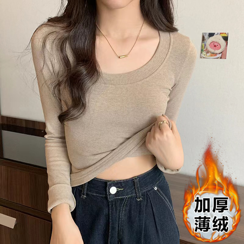 實拍正肩U領磨毛打底衫女秋冬季加厚長袖t恤修身鎖骨短款上衣
