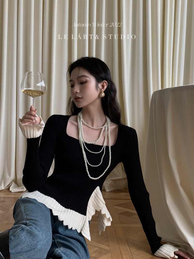 LELART秋冬洋氣顯瘦不規則拼接撞色優雅法式方領針織衫女毛衣