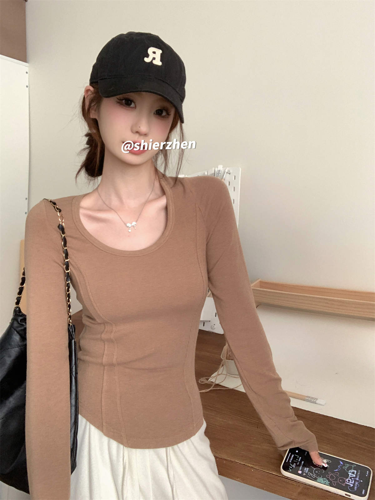 實拍 秋冬韓版修身U領百搭魚骨顯瘦德絨保暖打底衫T恤上衣女