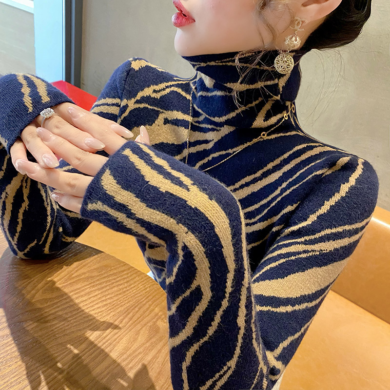 高領毛衣女打底針織衫時尚洋氣撞色百搭新款秋冬修身女士內搭上衣