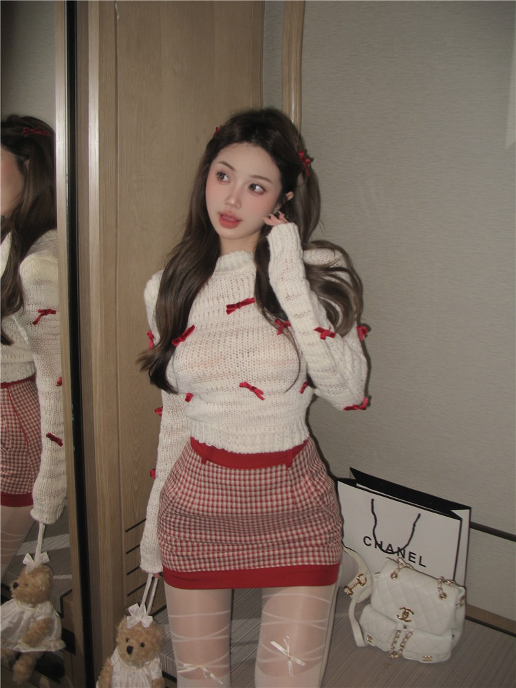 Original bow-knot pullover long-sleeved high-waist contrast plaid skirt two-piece set