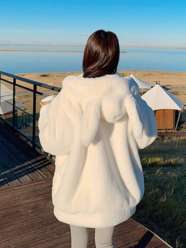 Rex Rabbit Fur Coat Women's Medium Long Hooded  New Thick Loose Cute Plush Winter Coat