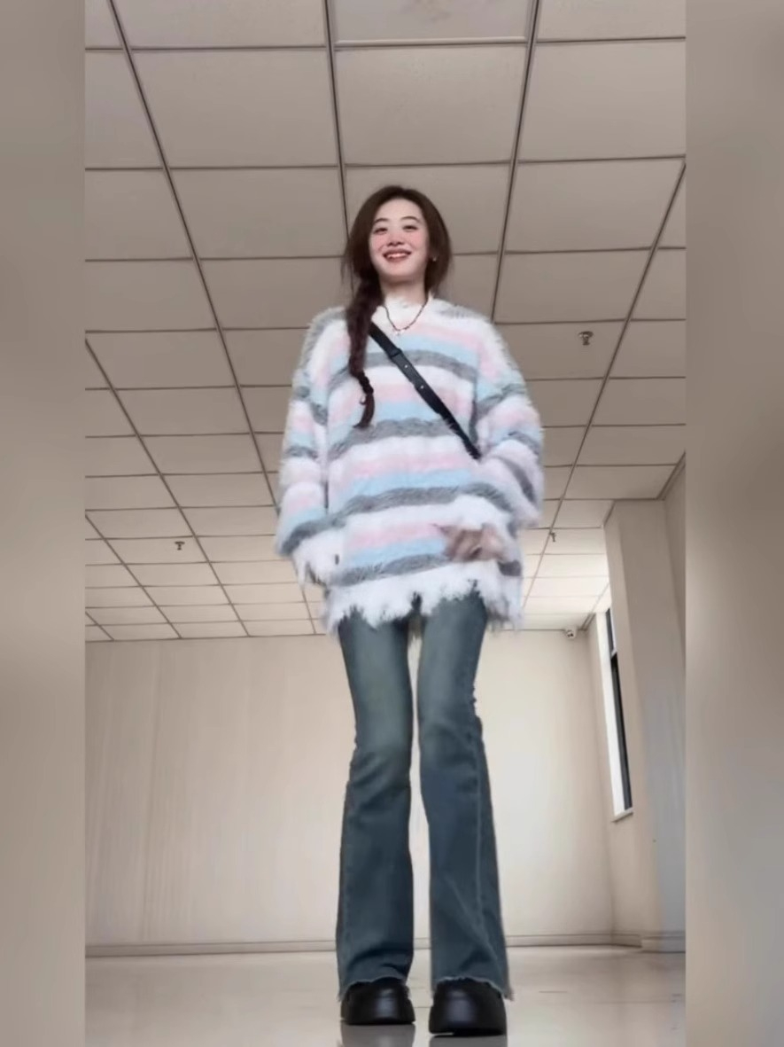 仿貂絨質量國潮復古慵懶辣妹風漸變條紋毛衣女潮