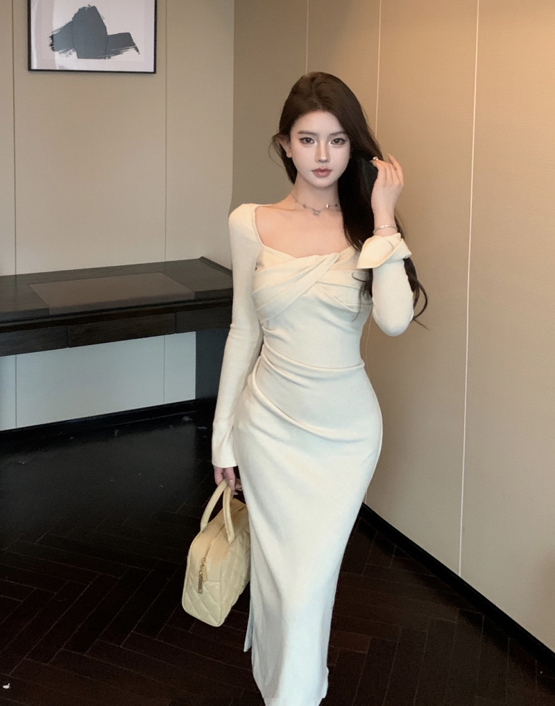 實拍 白色方領扭結針織連衣裙女垂感長裙修身收腰開叉裙子
