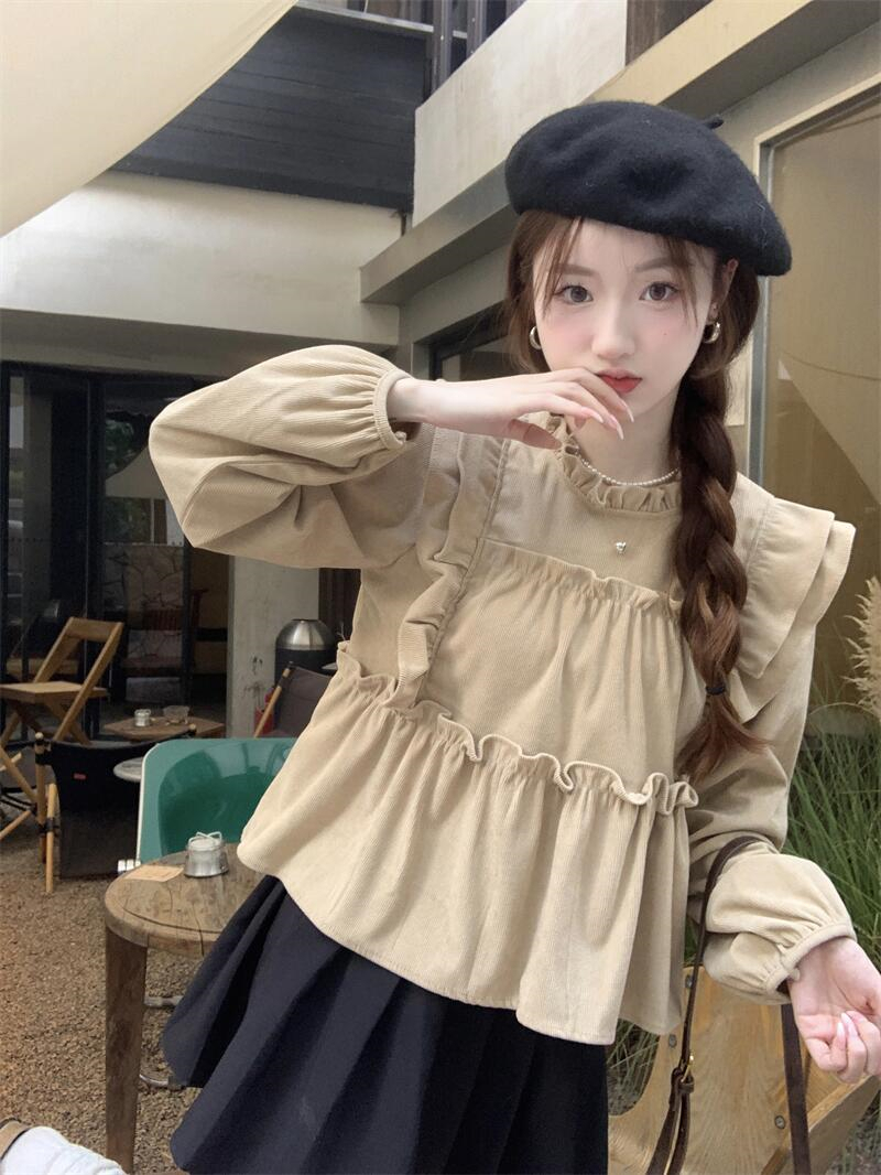2023秋冬新款甜美清新設計感小眾燈芯絨上衣女荷葉邊褶皺長袖襯衫