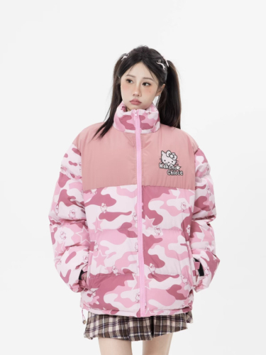 National trend American camouflage Hello Kitty color-blocked cotton coats for men and women winter warm bread coats couple coats