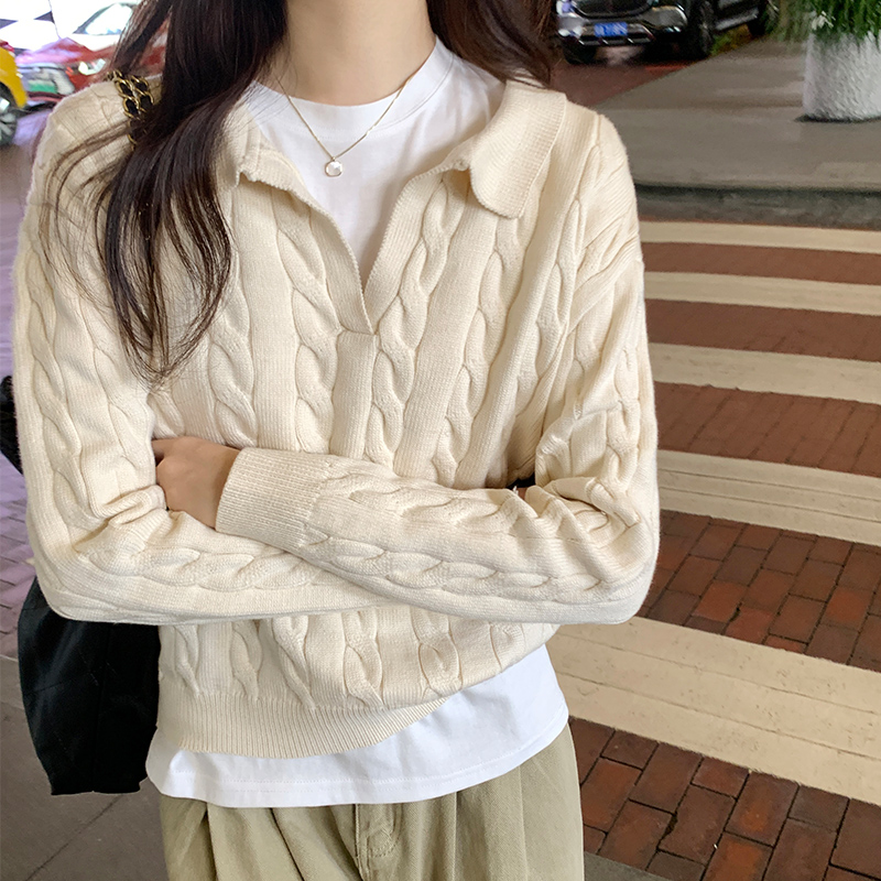 實拍圖美式復古麻花坑條毛衣女2023年秋冬新款慵懶百搭翻領針織衫