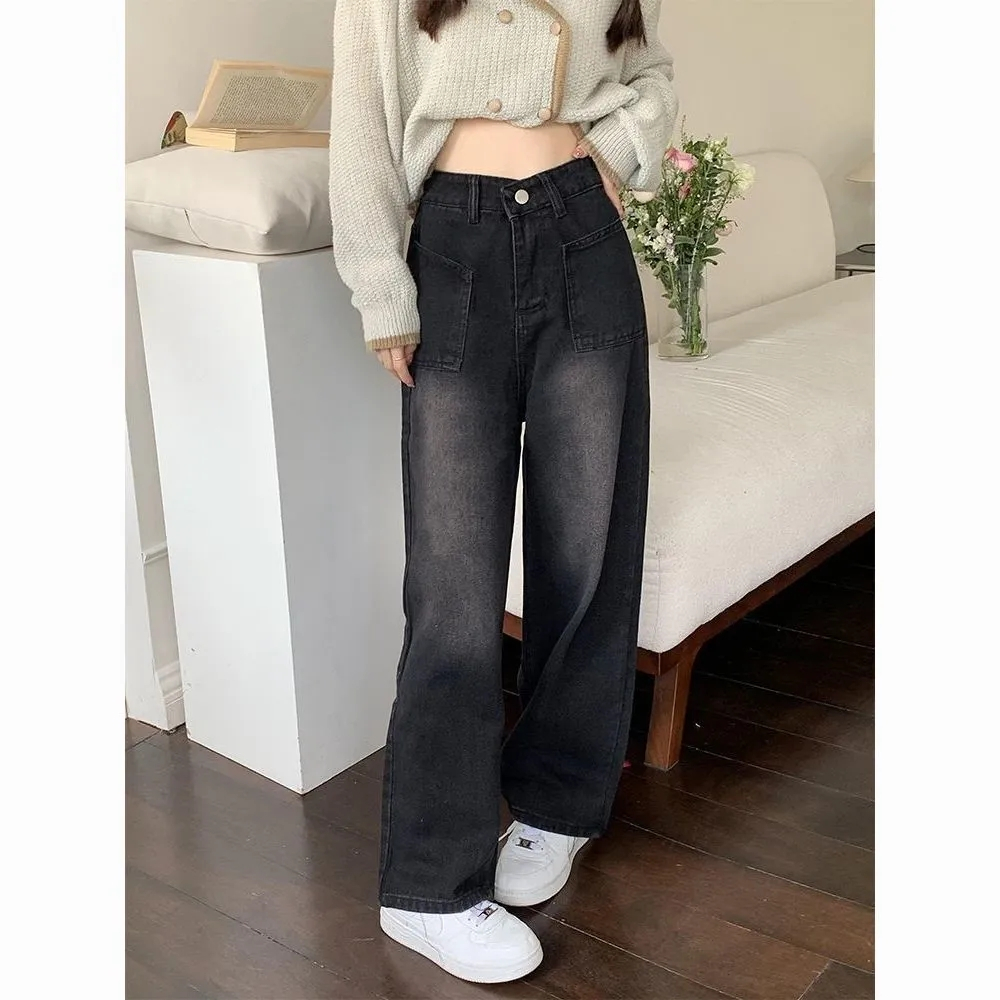 純黑色直筒牛仔褲女春夏季新款寬鬆顯瘦百搭高腰闊腿拖動褲子潮