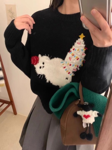 韩国秋冬款女100%羊毛圣诞猫咪刺绣圆领加厚针织衫毛衣