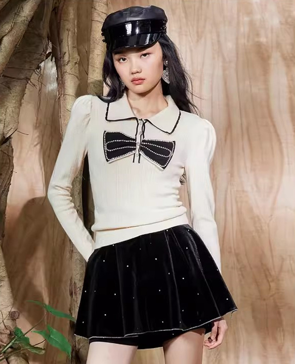 奧萊MAXRIENY鑲鑽蝴蝶結針織衫秋季上衣女針織毛衫復古