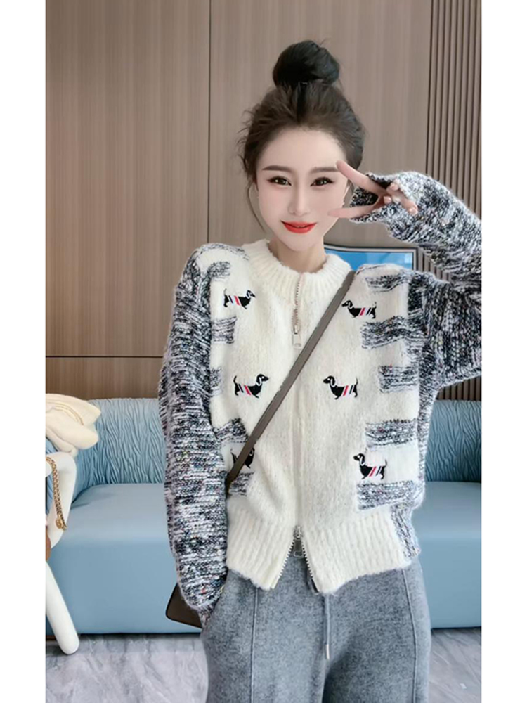 小狗刺繡毛衣外套女秋裝2023新款雙拉鏈歐貨時尚洋氣針織開衫上衣