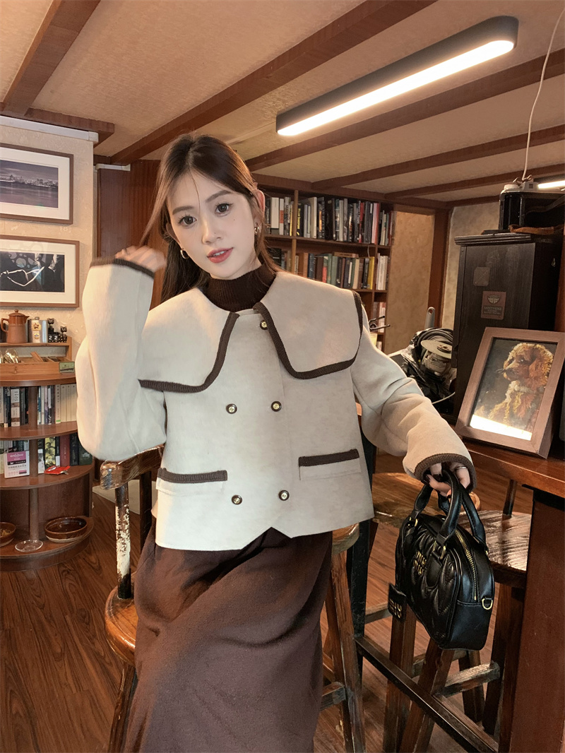 實拍 秋冬減齡不規則毛呢雙面羊絨小香風外套針織連衣裙套裝