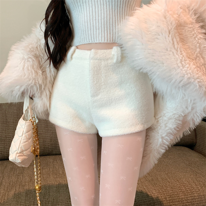 實拍~加厚毛呢絨絨褲女2023冬季辣妹百搭配靴子高腰顯瘦短褲