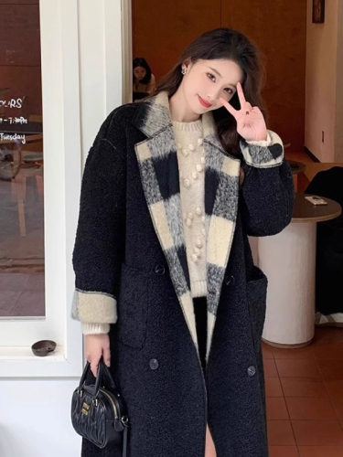  autumn and winter mid-length large version black and white large plaid reversible Korean style Korean woolen jacket for women