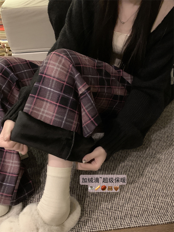 實拍   冬季新款慵懶百搭寬鬆休閒復古格子洋氣休閒褲遛彎褲