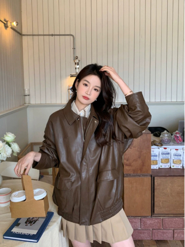 Maillard Leather Jacket Women's Spring, Autumn and Winter New American Retro Jacket Small Brown Top