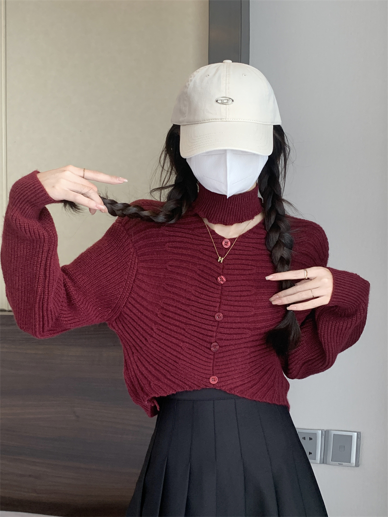 實拍 秋冬新款韓版設計感單排扣長袖針織衫女修身顯瘦短款毛衣