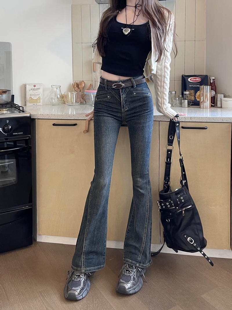 實拍#新款微喇叭牛仔長褲女設計感拼接修身彈力褲子