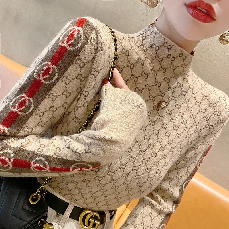 半高領毛衣女打底針織衫時尚洋氣撞色百搭新款秋冬修身內搭上衣