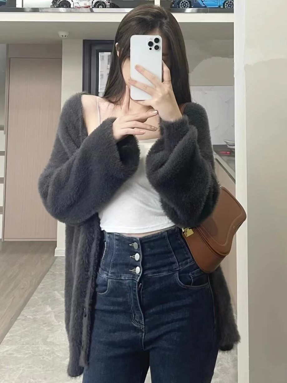 仿貂毛100%錦綸軟糯毛衣短外套女秋冬慵懶風寬鬆顯瘦針織保暖開衫