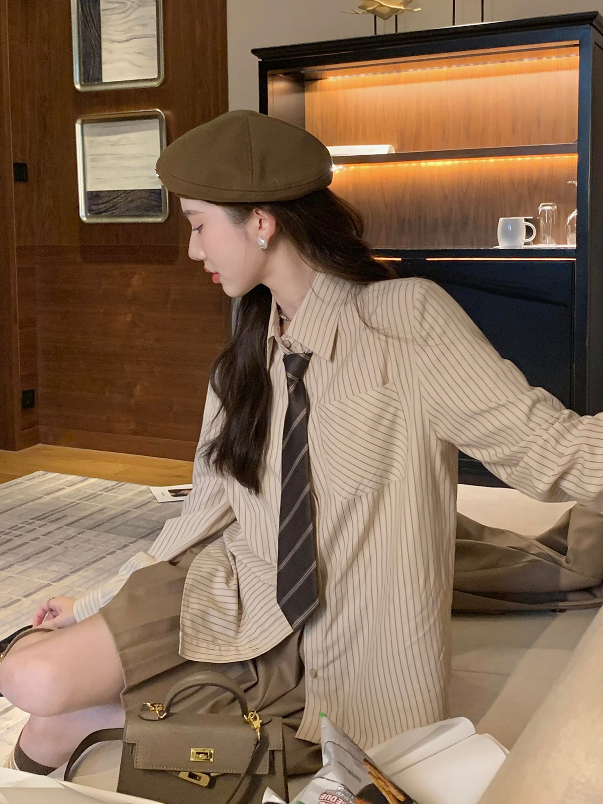 蕎蕎qiao 3春秋新款長袖復古直筒寬鬆版型別致休閒條紋襯衫女