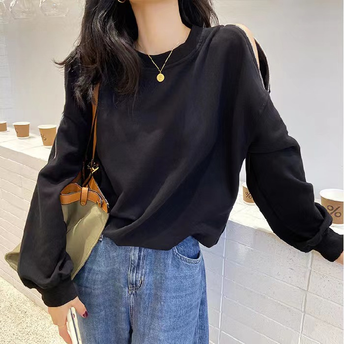2023新款套頭外套春秋季設計感長袖寬鬆chic港風上衣露肩衛衣女潮