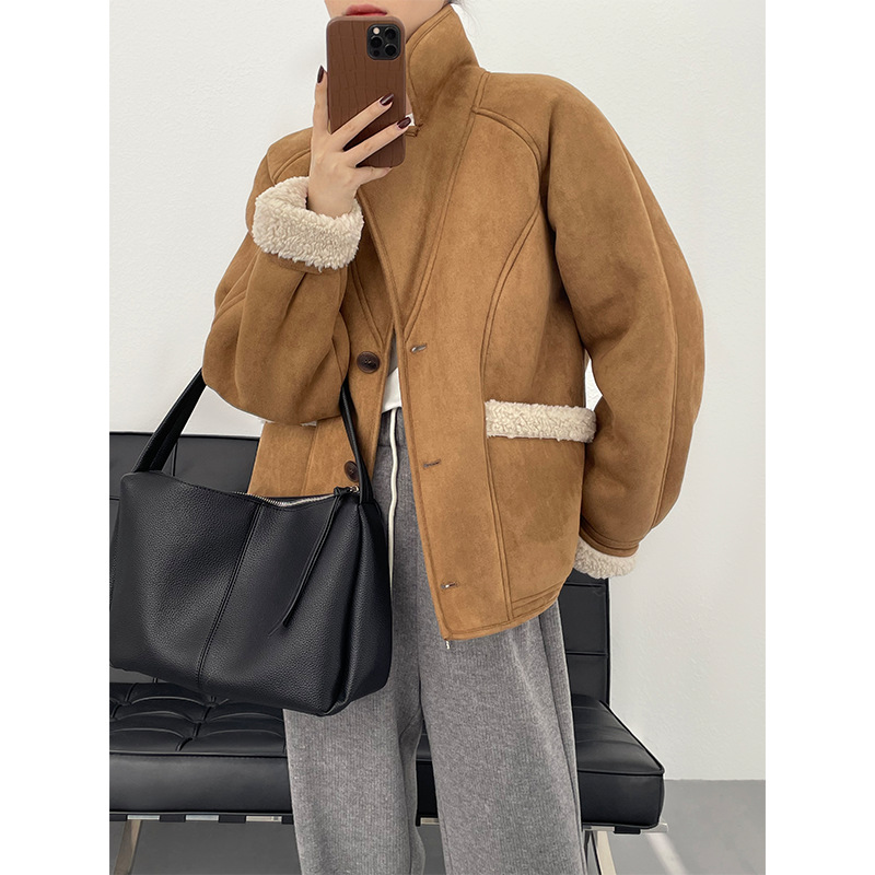 Real shot ~ Retro fur one-piece lambswool jacket for women autumn and winter suede thickened warm motorcycle jacket