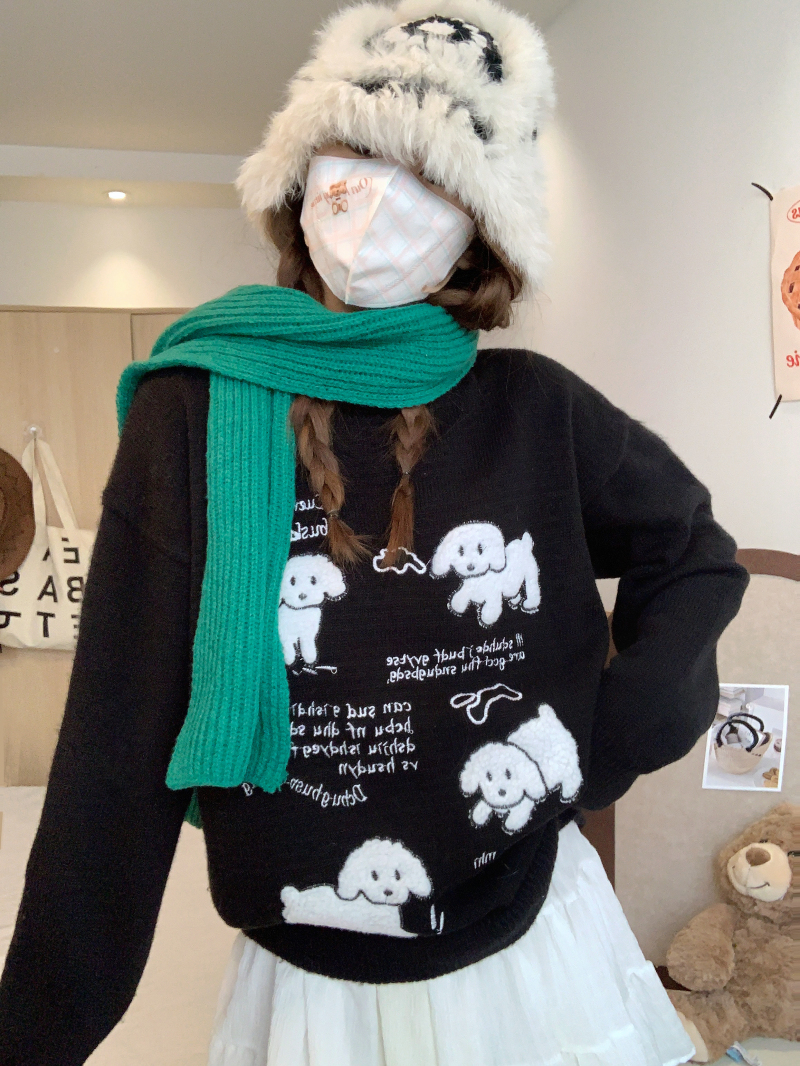 實拍 慵懶風小狗刺繡長袖毛衣女寬鬆顯瘦圓領針織衫上衣