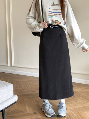 Actual shot ~ 2023 new autumn and winter Korean style slim and versatile woolen skirt commuting mid-length skirt with belt