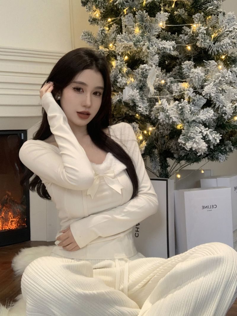 德絨甜美辣妹方領長袖T恤女秋冬設計感蝴蝶結修身魚骨上衣打底