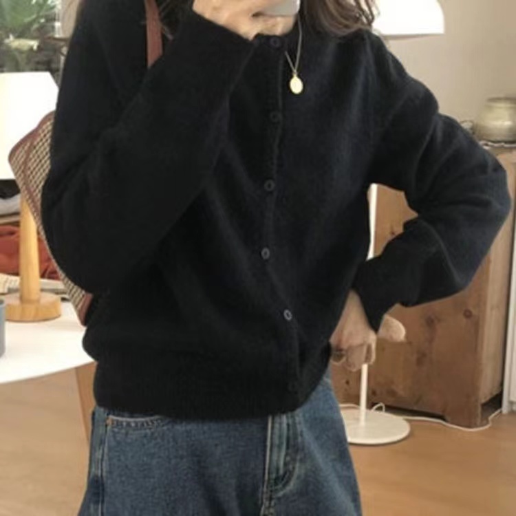 灰色羊毛開衫女圓領針織毛衣外套秋冬韓版百搭短款顯瘦打底羊絨衫