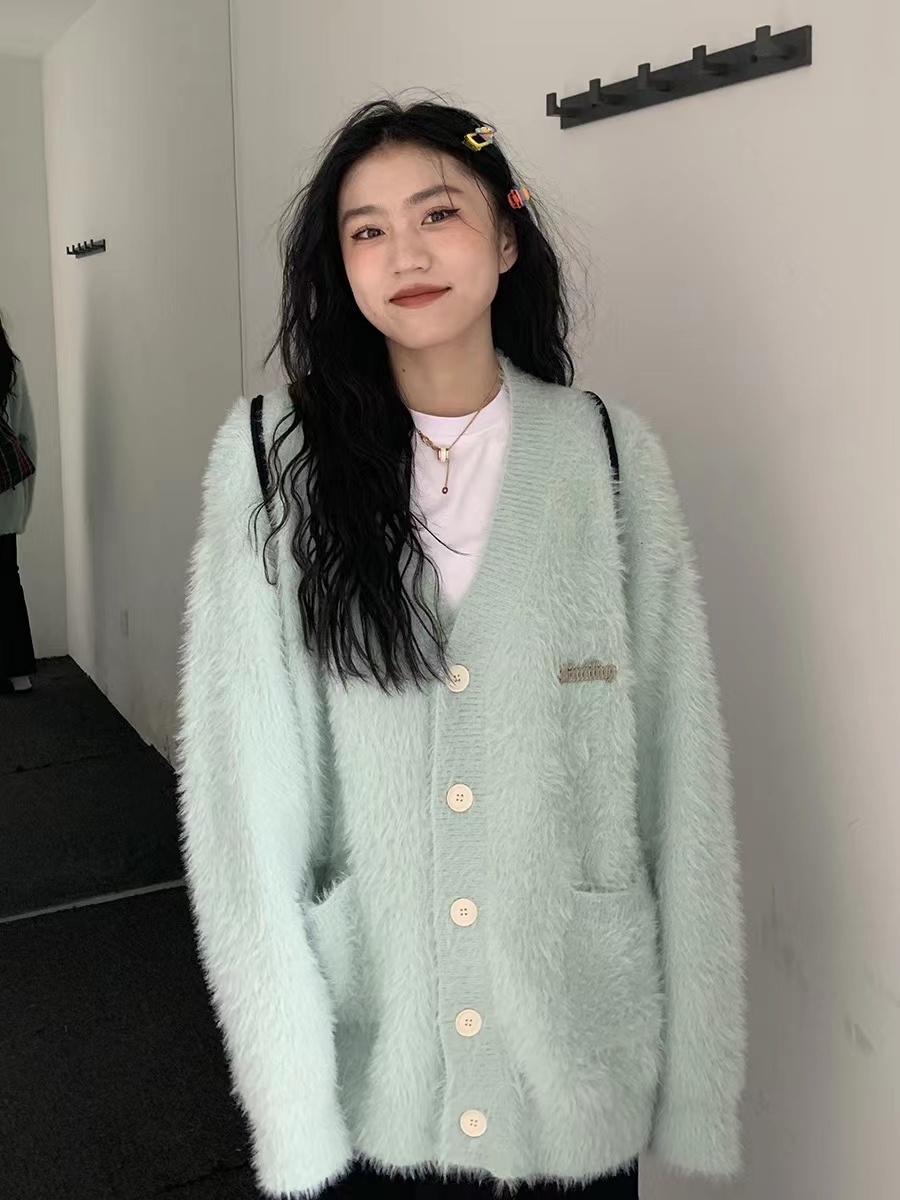 橘子樹在哪兒奶系甜美水貂絨毛衣外套女秋季韓版溫柔寬鬆針織開衫