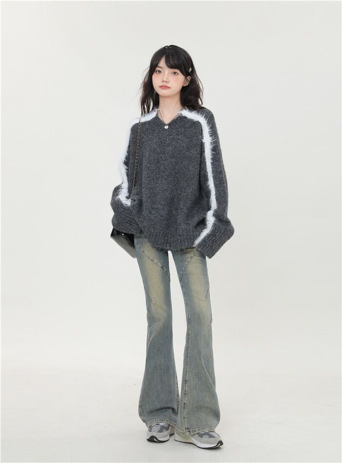 2023新款慵懶風軟糯高智感毛衣女秋冬季新款寬鬆拼色針織衫上衣