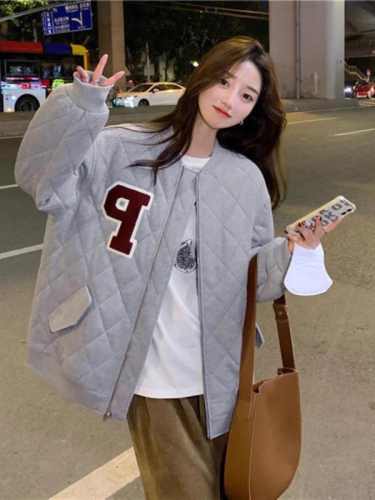 Autumn and winter retro Hong Kong style rhombus baseball cotton jackets for men and women, lazy style, Korean version, loose and versatile, warm cotton jackets, trendy