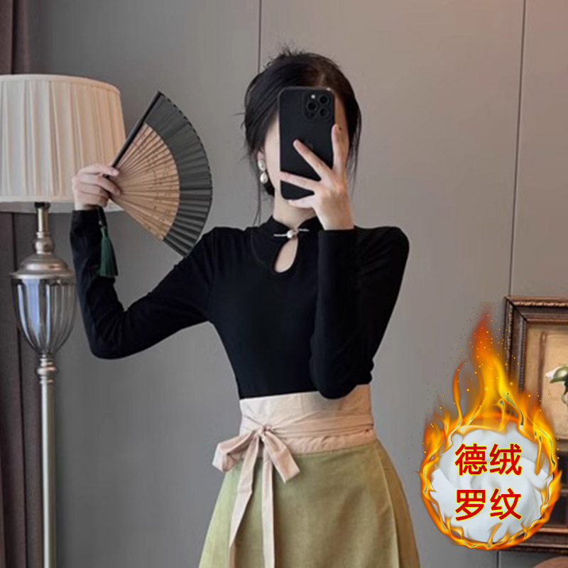德絨 秋冬設計感小眾改良旗袍中式國風上衣黑色正肩長袖T恤女上衣