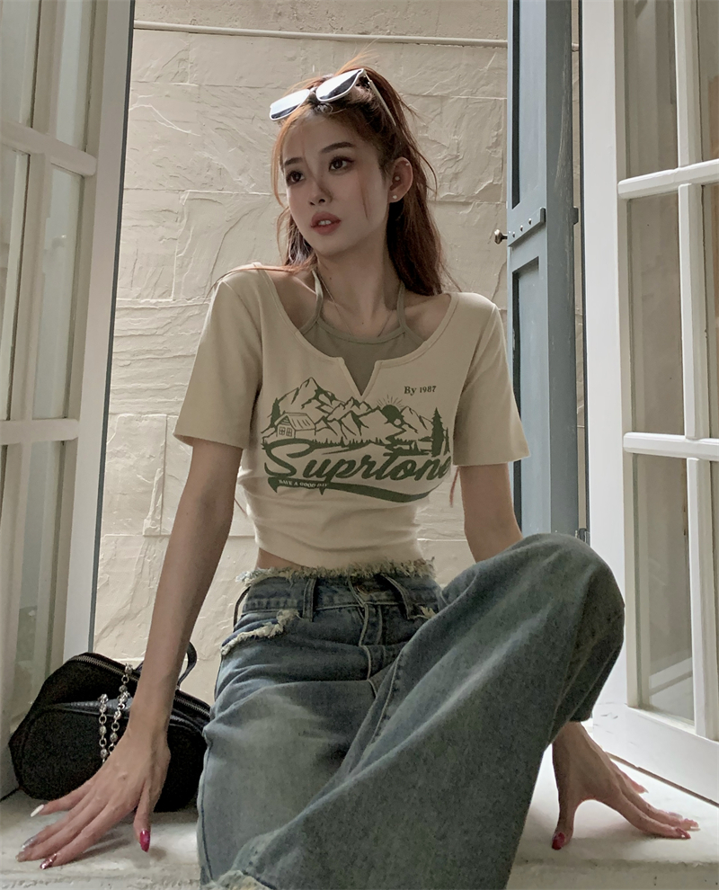 實拍-美式復古假兩件掛脖正肩短袖t恤女夏季辣妹修身露臍短款上衣