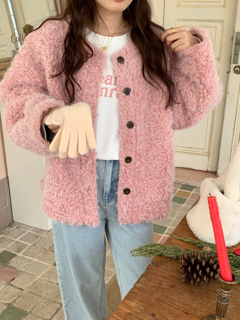 實拍 韓系簡約慵懶寬鬆毛絨保暖加厚皮毛一體單排扣短外套