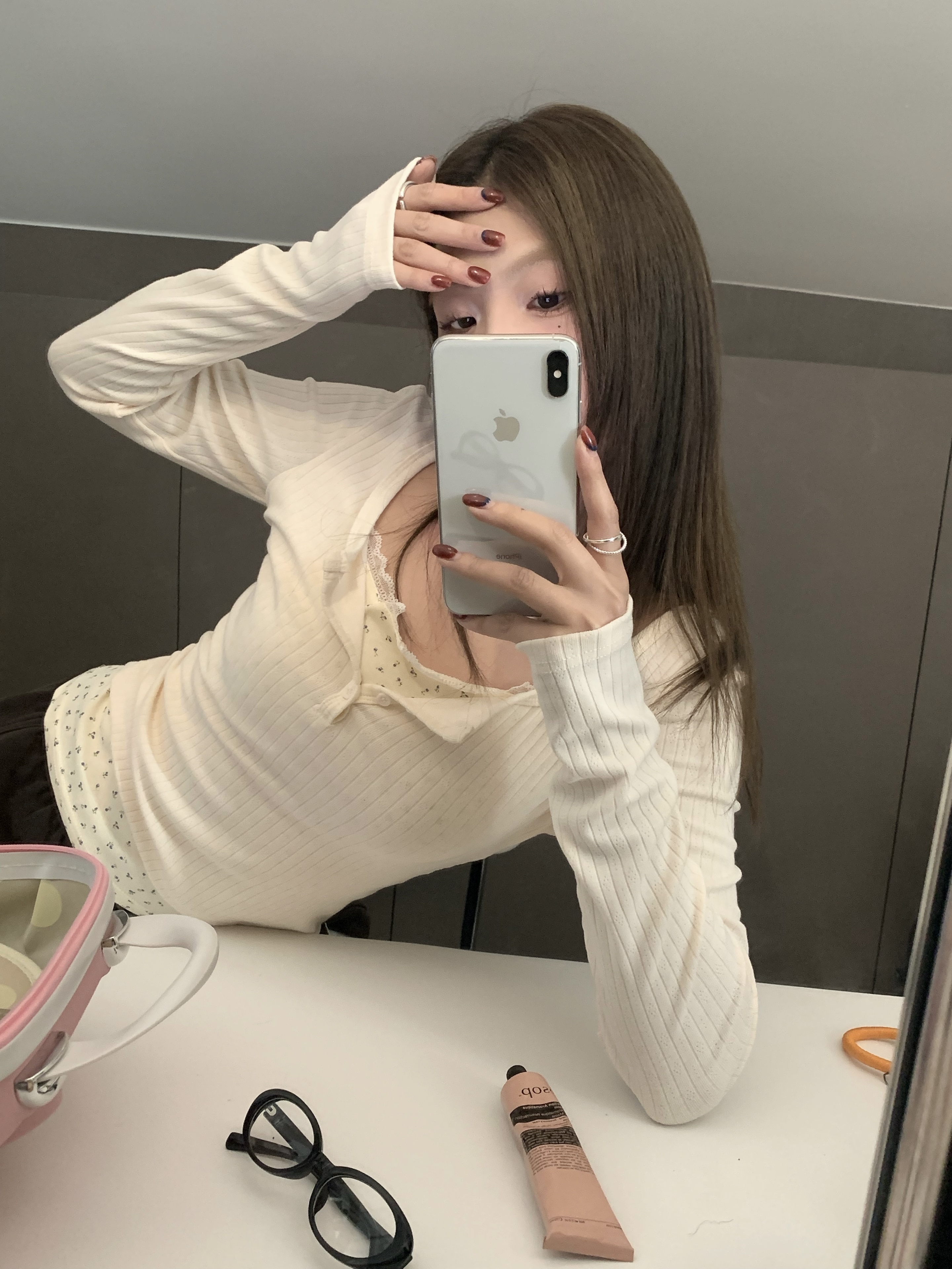 實拍 假兩件拼接碎花長袖設計感上衣