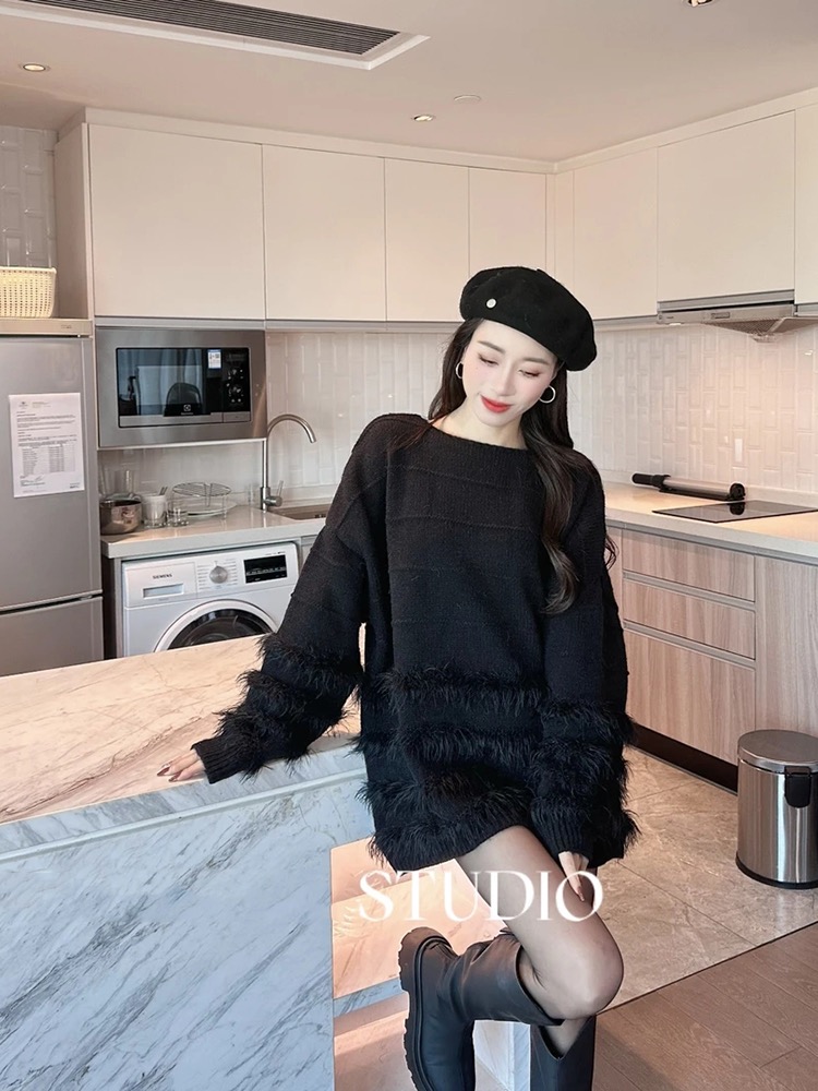 韓版慵懶風設計感加厚軟糯條紋毛衣女2023秋冬寬鬆百搭針織衫上衣