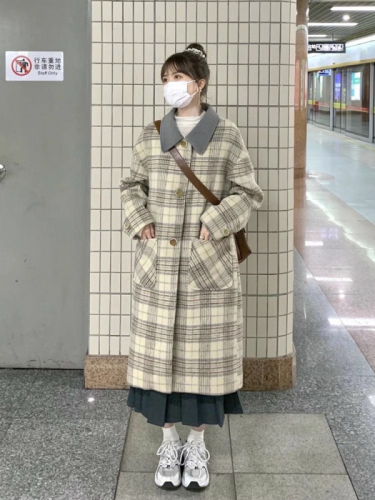 Maillard temperament tartan coat women's woolen coat autumn and winter Korean style high-end Hepburn style