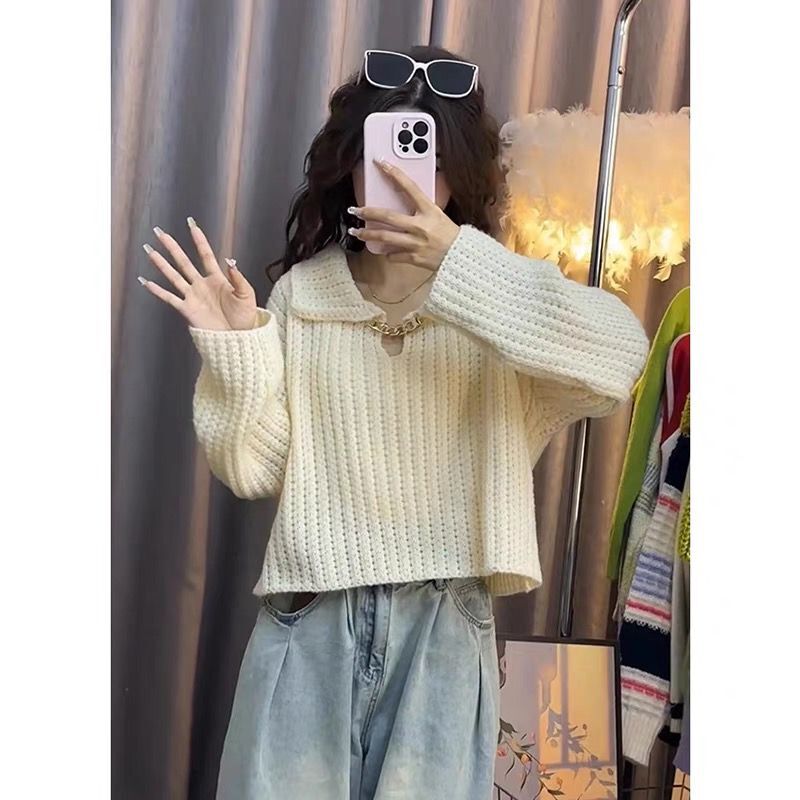 秋冬新款法式寬鬆娃娃領翻領針織衫女金屬鏈條上衣毛衣