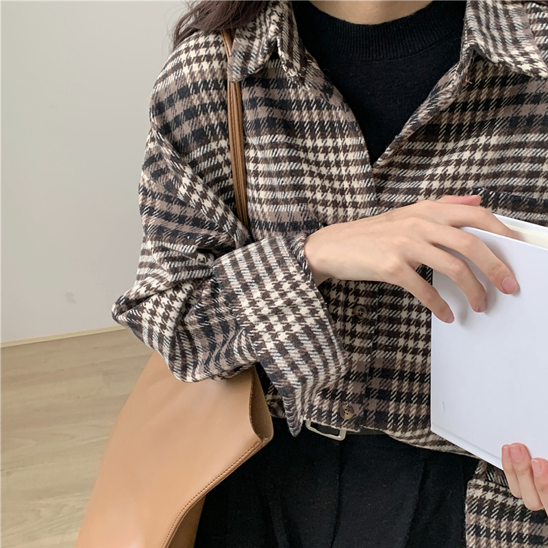 加厚磨毛格子襯衫外套設計感女小眾長袖襯衣寬鬆復古上衣