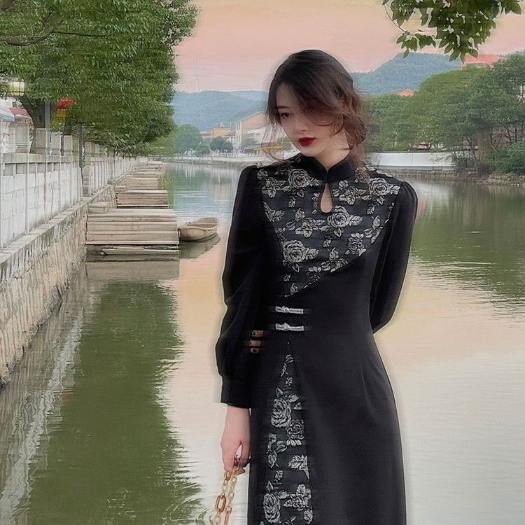 原版提花布+拉鏈長袖黑色連衣裙女春秋裝2023年新款宮廷風復古