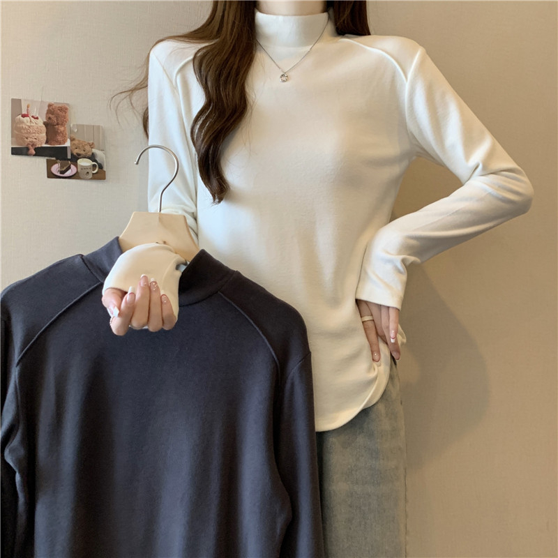 實拍羅紋德絨長袖T恤女秋冬半高領內搭打底衫