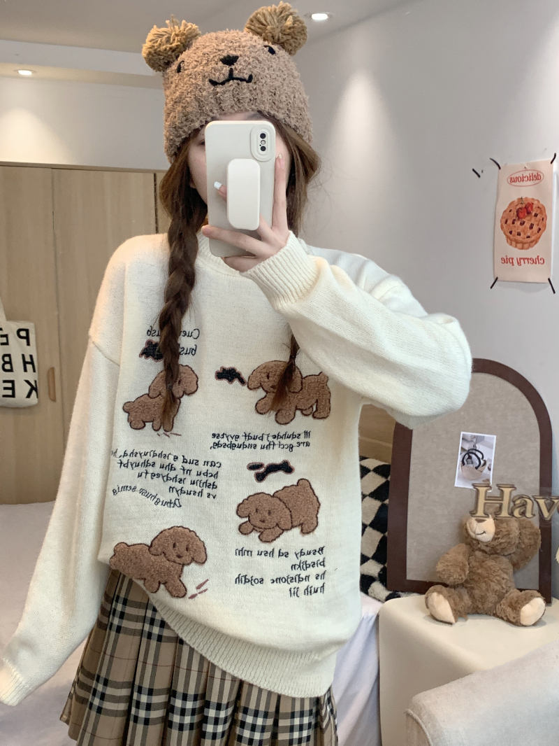 實拍 慵懶風小狗刺繡長袖毛衣女寬鬆顯瘦圓領針織衫上衣