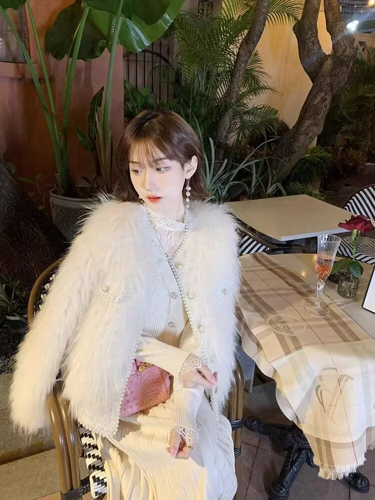 法式高級感外套女秋冬小香風新款寬鬆圓領加厚仿狐狸毛開衫上衣潮
