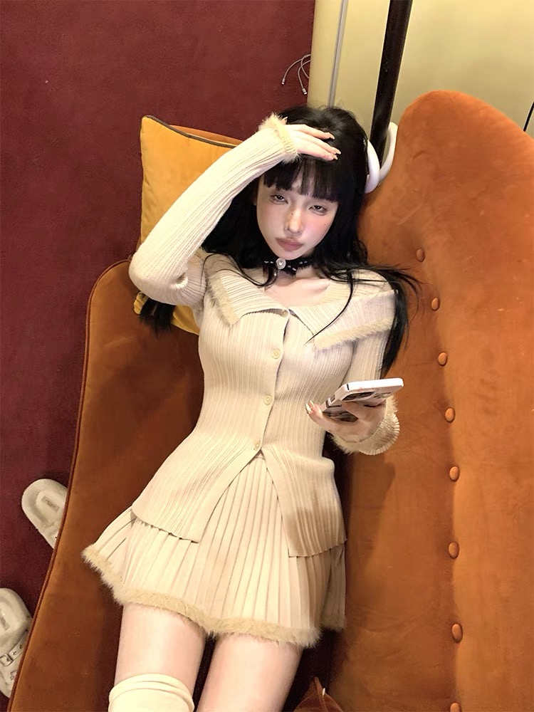 FunnJ方幾 受寵嗲嗲少女慵懶開衫毛衣套裝女高腰百褶半身裙兩件套